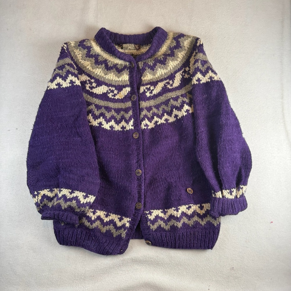 Inka-Chaccha Vintage Purple Wool Fair Isle Hand Knit Cardigan Sweater Women
